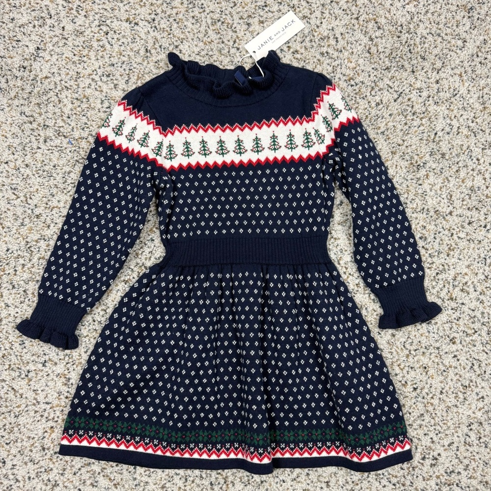 Janie and Jack Festive Fair Isle Dress Girls 3 Blue White Red Ruffle Preppy NWT